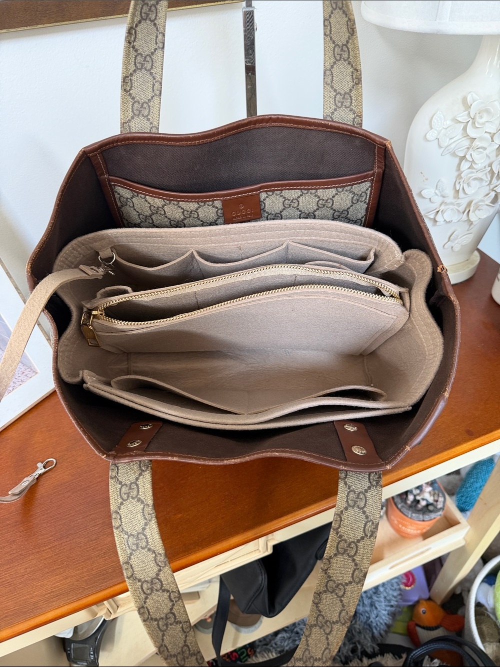 Gucci Beige GG Coated Canvas Tote with Brown Leather Handles - Picture 5 of 16